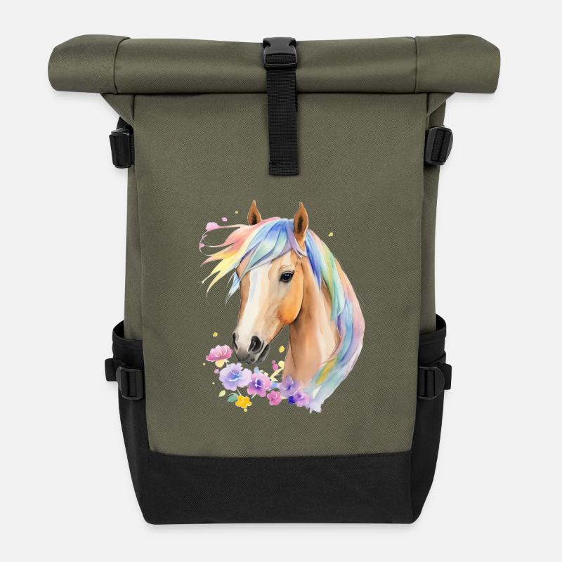 Pferd mit Regenbogenmähne - Rolltop Rucksack - Olive/Schwarz