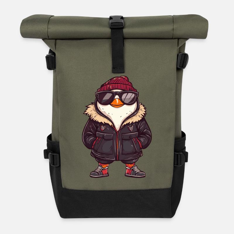 Pinguin Winter Comic - Rolltop Rucksack - Olive/Schwarz