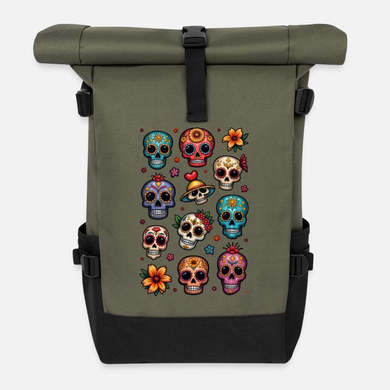 Tête de mort mexicaine - sugar skull - doodle - Sac à dos roll top - olive/noir