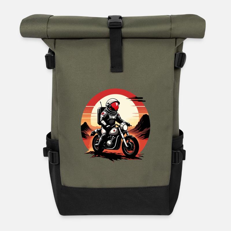Astronaut rast mit einem Motorrad auf dem Mars - Rolltop Rucksack - Olive/Schwarz