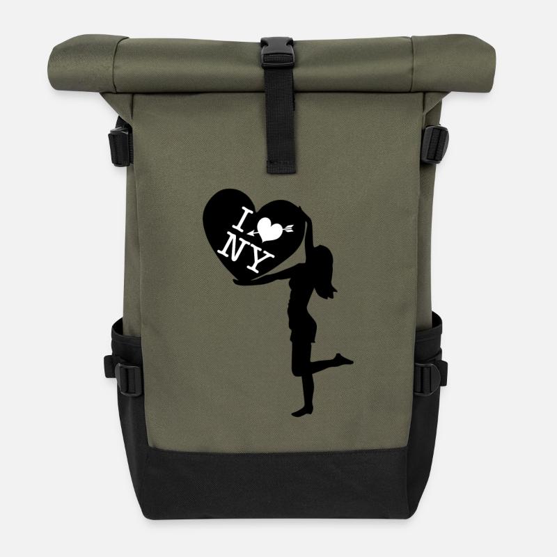 I love NY Herz mit Mädchen - Rolltop Rucksack - Olive/Schwarz