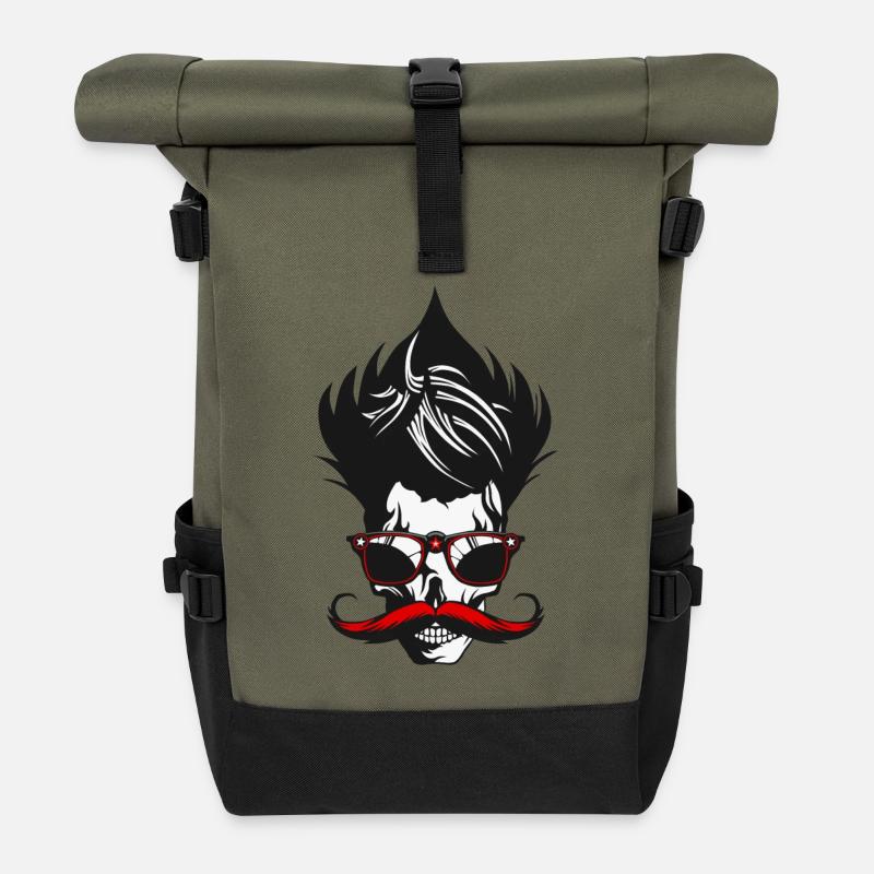 tete de mort moustache crane cheveux coiffure lune - Sac à dos roll top - olive/noir
