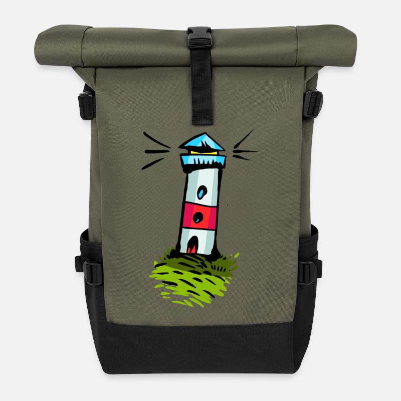 Bunter Leuchtturm auf Grünhügel - Rolltop Rucksack - Olive/Schwarz