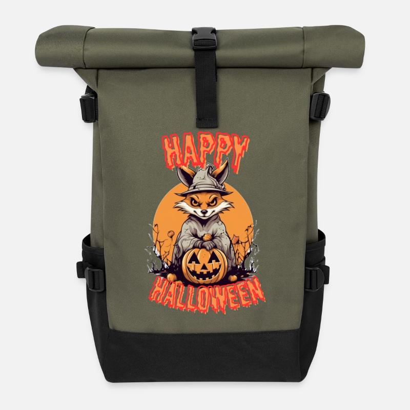 Spooky Halloween Fox Print - Roll Top Backpack - olive/black