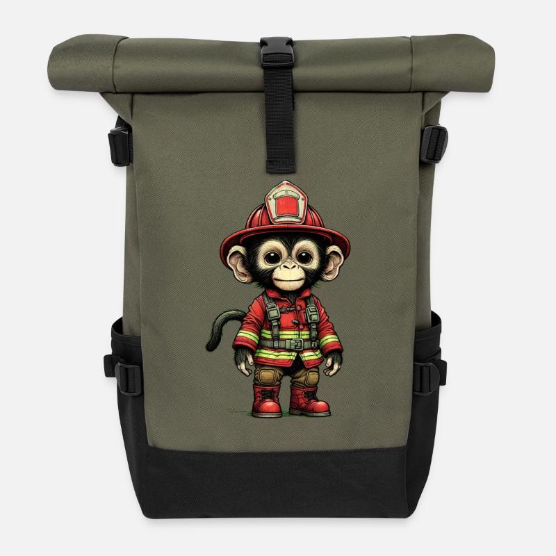 Kleiner Feuerwehraffe mit Outfit - Rolltop Rucksack - Olive/Schwarz