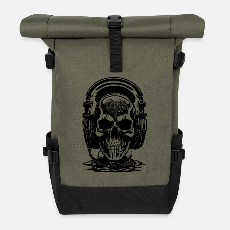 Skull with headphones and brain - Roll Top Backpack - olive/black