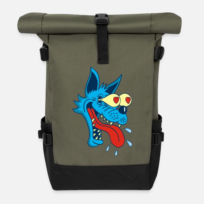 Cartoon Wolf in Love - Roll Top Backpack - olive/black