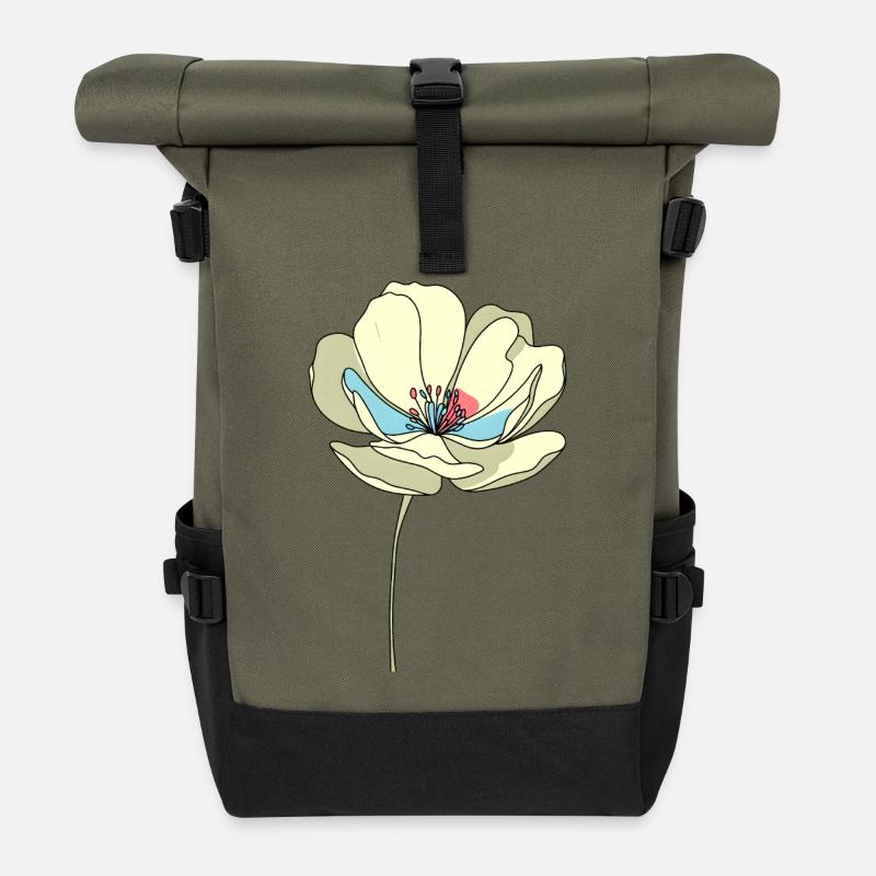Blumenillustration Vintage Stil - Rolltop Rucksack - Olive/Schwarz