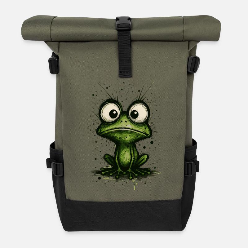 Funny Frog with Big Eyes – comic strip splash - Roll Top Backpack - olive/black