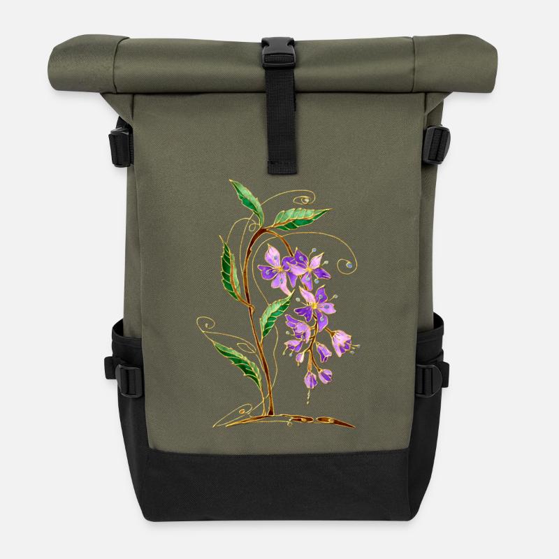 Blumen - Rolltop Rucksack - Olive/Schwarz