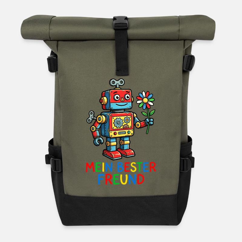 Ami robot coloré avec une fleur - Sac à dos roll top - olive/noir