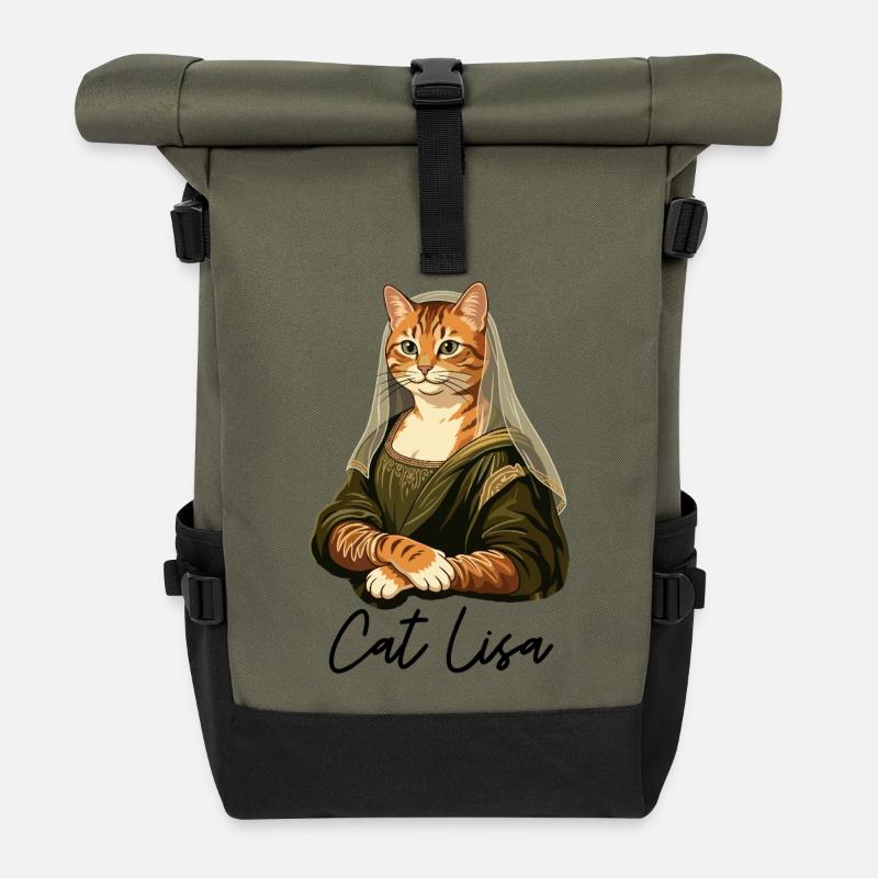 Katze Lisa Ginger Katze Mona Lisa Kunstparodie - Rolltop Rucksack - Olive/Schwarz