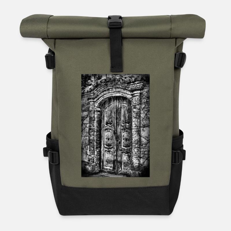Gothic Ivy Door in Monochrome - Roll Top Backpack - olive/black