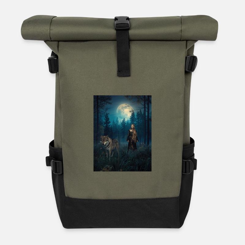 Mondlicht Waldwächterin - Rolltop Rucksack - Olive/Schwarz