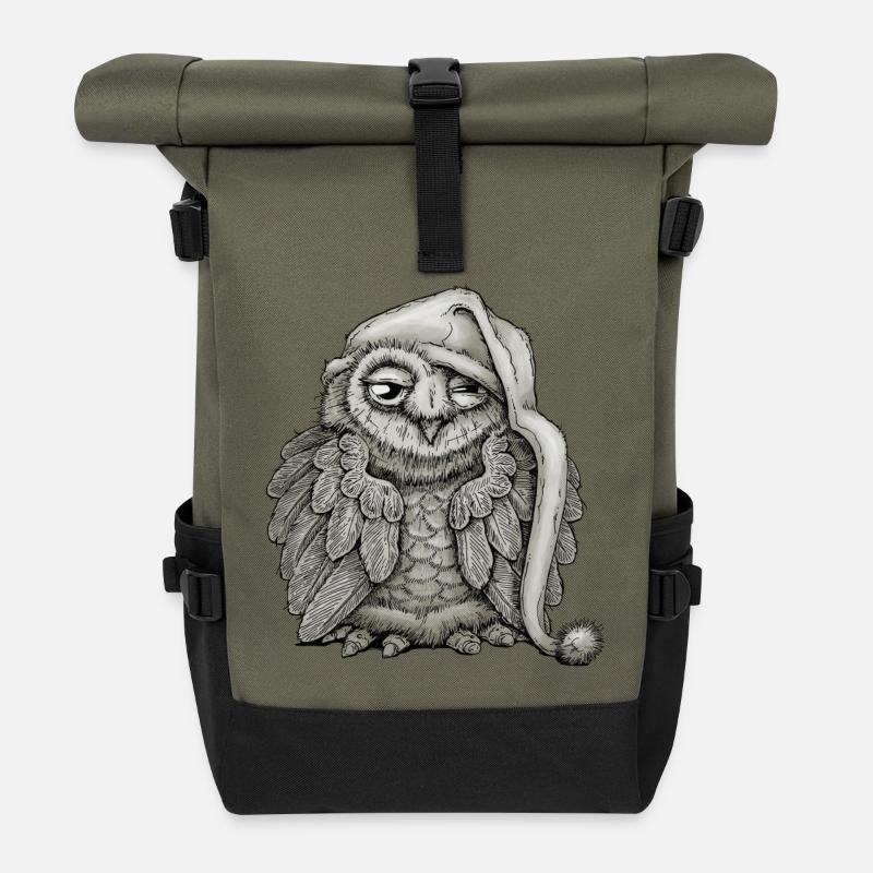 Wintereule mit Schal – Strichzeichnung - Rolltop Rucksack - Olive/Schwarz