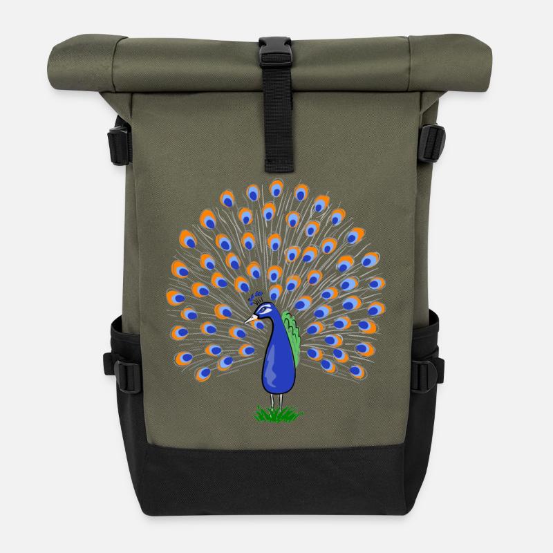 Bunte Pfauenfeder Illustration - Rolltop Rucksack - Olive/Schwarz