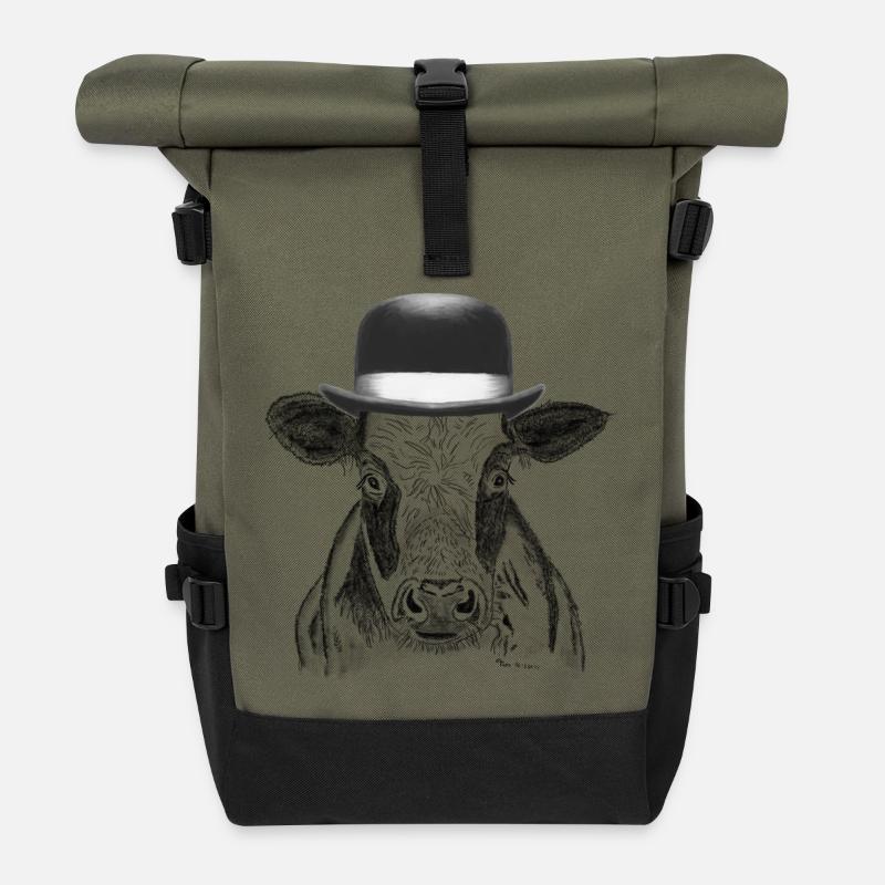  Kuh mit Hut - Rolltop Rucksack - Olive/Schwarz