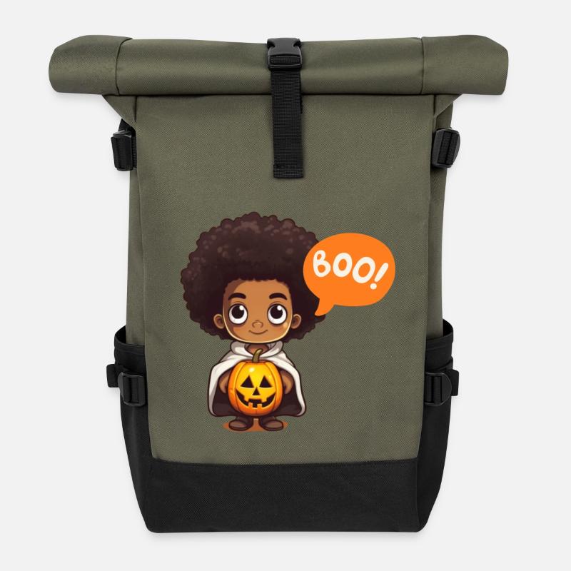 Cute Kids Halloween Vampire with Pumpkin - Roll Top Backpack - olive/black
