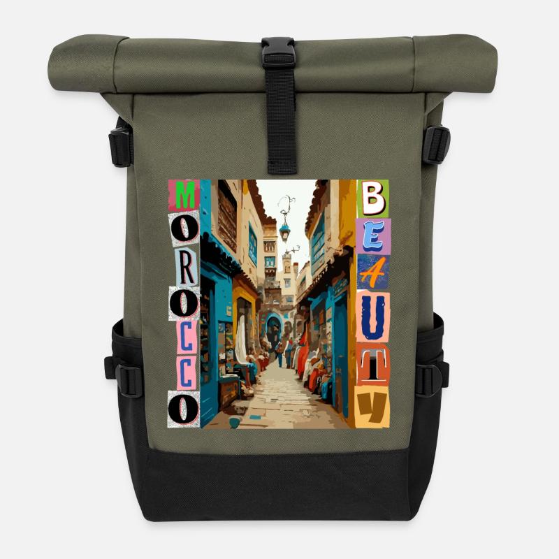 Colorful Street View with Ruins - Roll Top Backpack - olive/black
