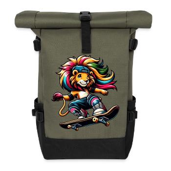 Freche Skater-Giraffe mit Skateboard - Rolltop Rucksack - Olive/Schwarz - Vorne