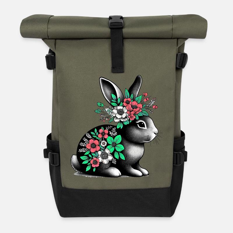 Hase mit Blumen - Rolltop Rucksack - Olive/Schwarz