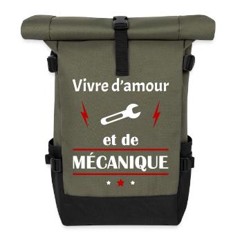 Vivre d'amour et de mécanique,fête des pères, noël - Sac à dos roll top - olive/noir - Devant