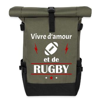 Vivre d'amour et de rugby, fête des pères, noël - Sac à dos roll top - olive/noir - Devant