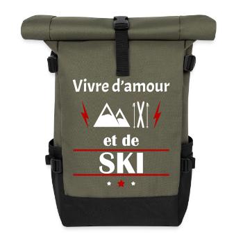Vivre d'amour et de ski, fête des pères, noël - Sac à dos roll top - olive/noir - Devant