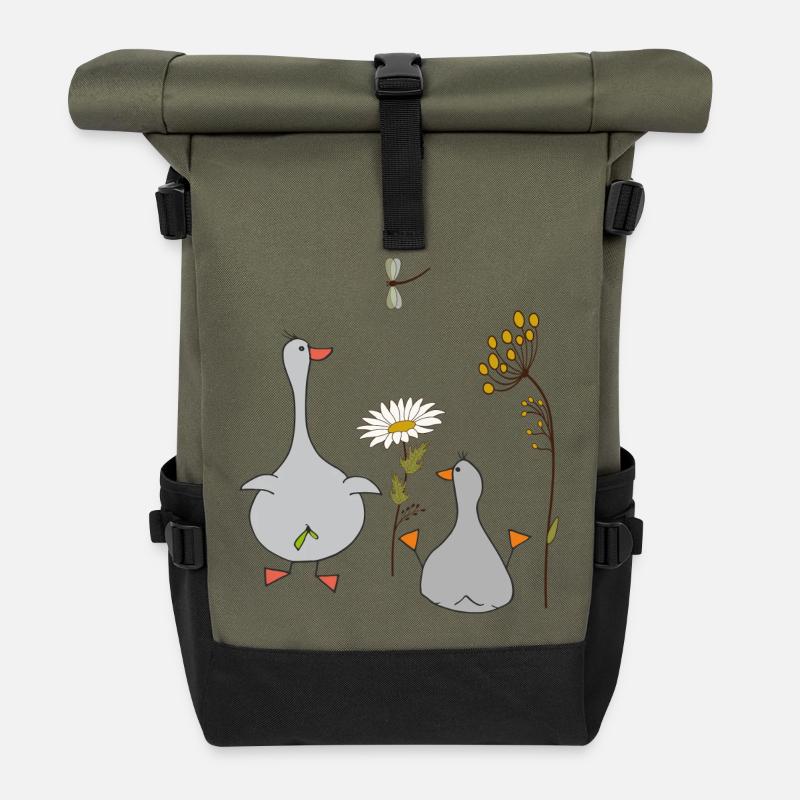 Oies dans le pré - Sac à dos roll top - olive/noir