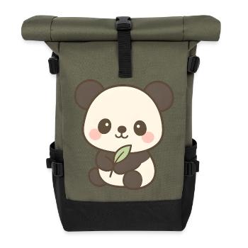 Kawaii Baby Panda mit Blattmotiv - Rolltop Rucksack - Olive/Schwarz - Vorne