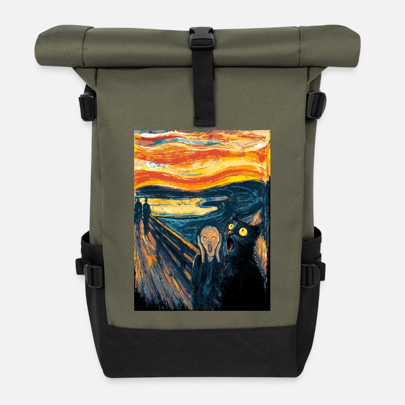 Halloween Katze – Kunstmotiv im Van Gogh Stil - Rolltop Rucksack - Olive/Schwarz
