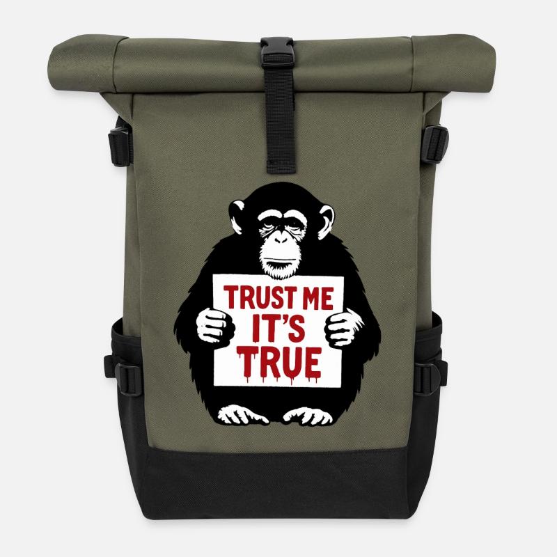 Affe mit Schild Trust Me It's True - Rolltop Rucksack - Olive/Schwarz