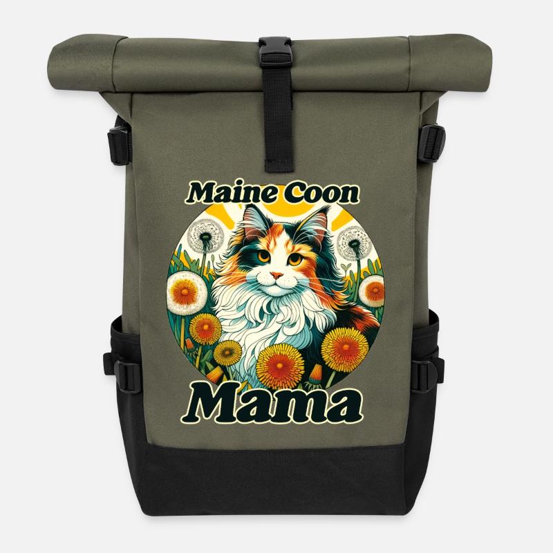 Maine Coon Mama Blumenkreis - Rolltop Rucksack - Olive/Schwarz
