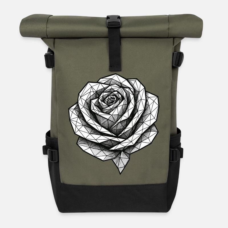 Rose géométrique noir & blanc - Sac à dos roll top - olive/noir