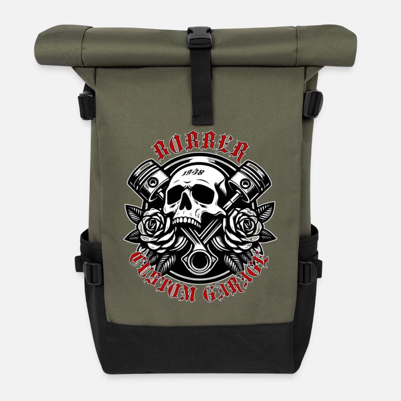 Born to Crank Skull Roses - Roll Top Backpack - olive/black