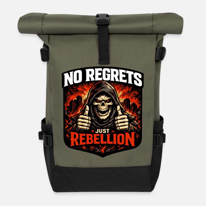 No Regrets Just Rebellion – Grim Reaper Skull - Roll Top Backpack - olive/black