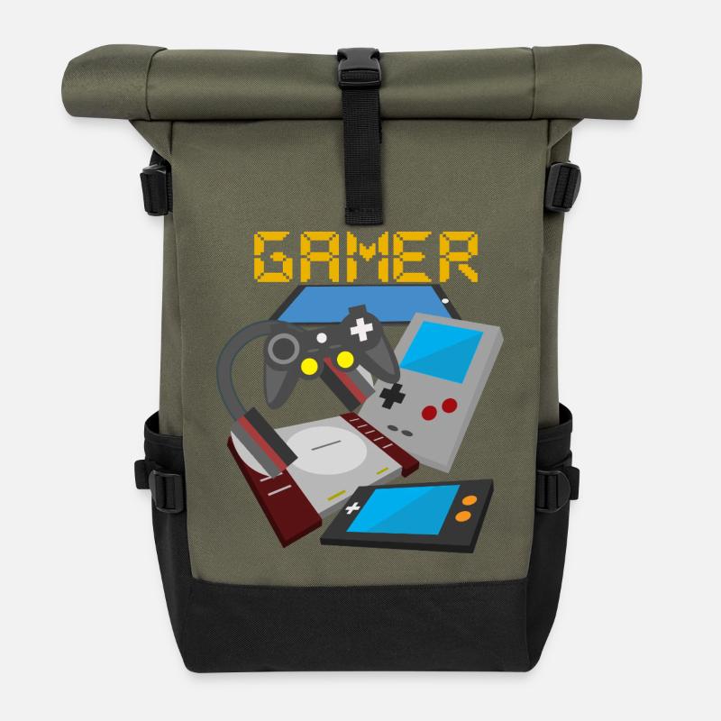 Retro Gamer Devices Mix – Gaming Nostalgia - Roll Top Backpack - olive/black