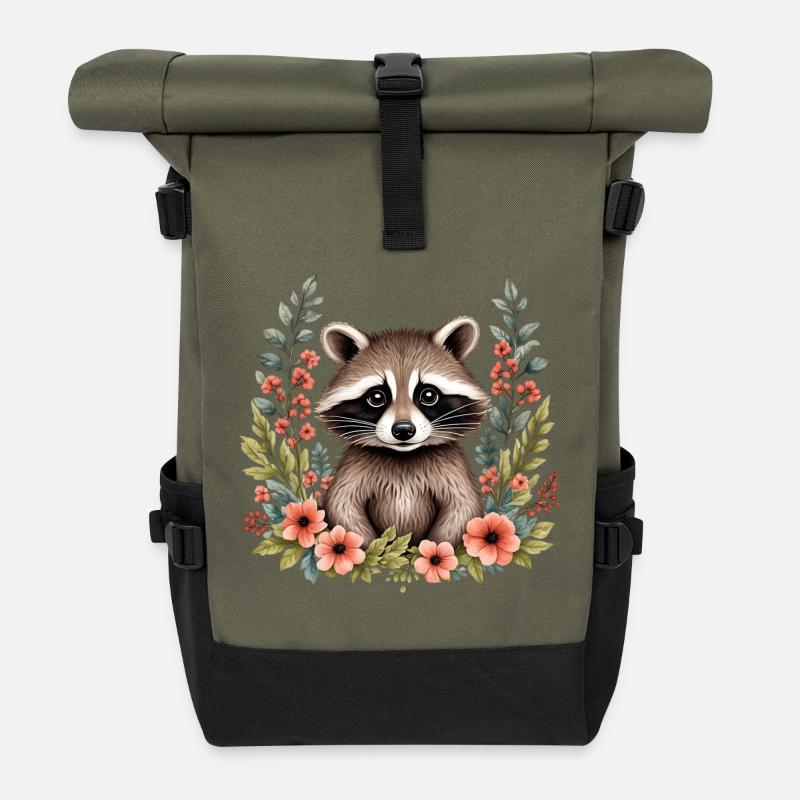 Niedlicher Waschbär - Rolltop Rucksack - Olive/Schwarz