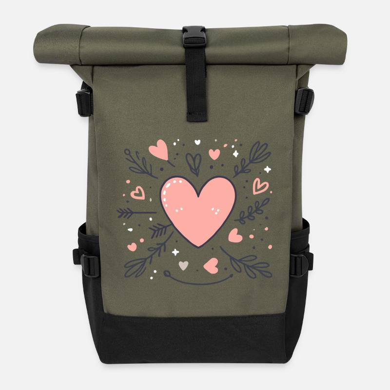 Valentinstag Herzen - Rolltop Rucksack - Olive/Schwarz