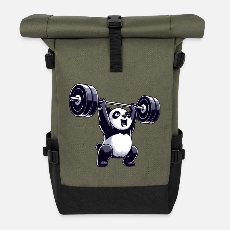 Panda Gewichtheber mit Hantel - Rolltop Rucksack - Olive/Schwarz