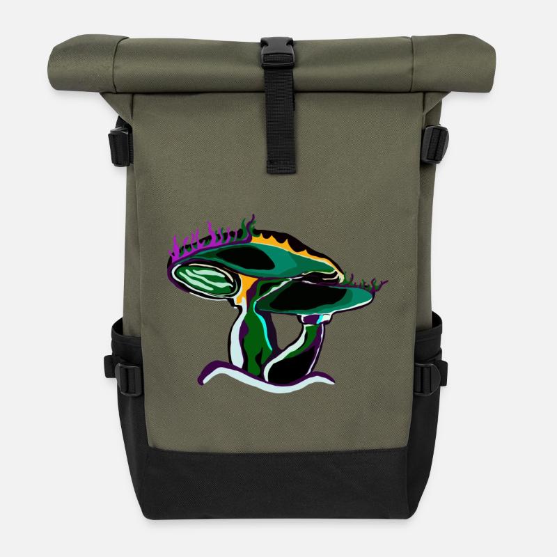Psychedelische Pilzskizze Neonfuchsia - Rolltop Rucksack - Olive/Schwarz