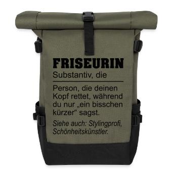 Friseurin Definition - Geschenk Haarstylistin - Rolltop Rucksack - Olive/Schwarz - Vorne