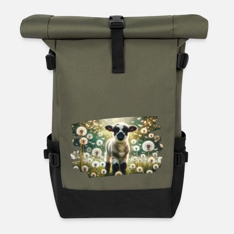 Charming lamb in dreamy dandelion field - Roll Top Backpack - olive/black