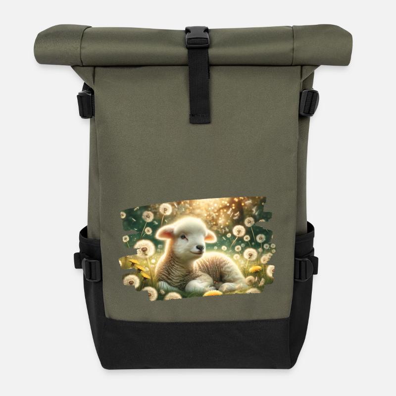 Traumhafte Frühlingsidylle mit Lämmern und Löwenzahn - Rolltop Rucksack - Olive/Schwarz