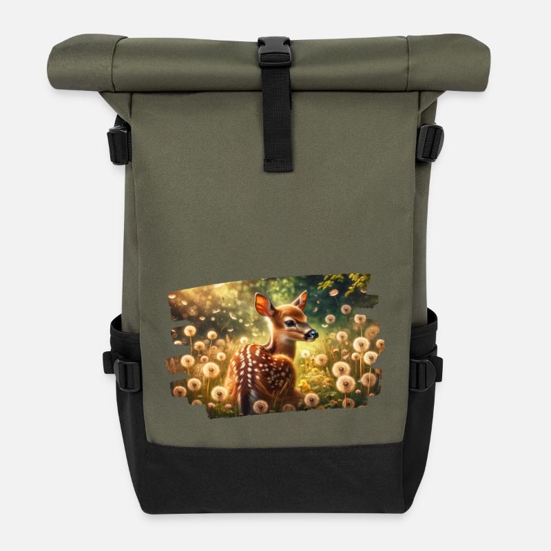 Deer in golden dandelion meadow - Roll Top Backpack - olive/black