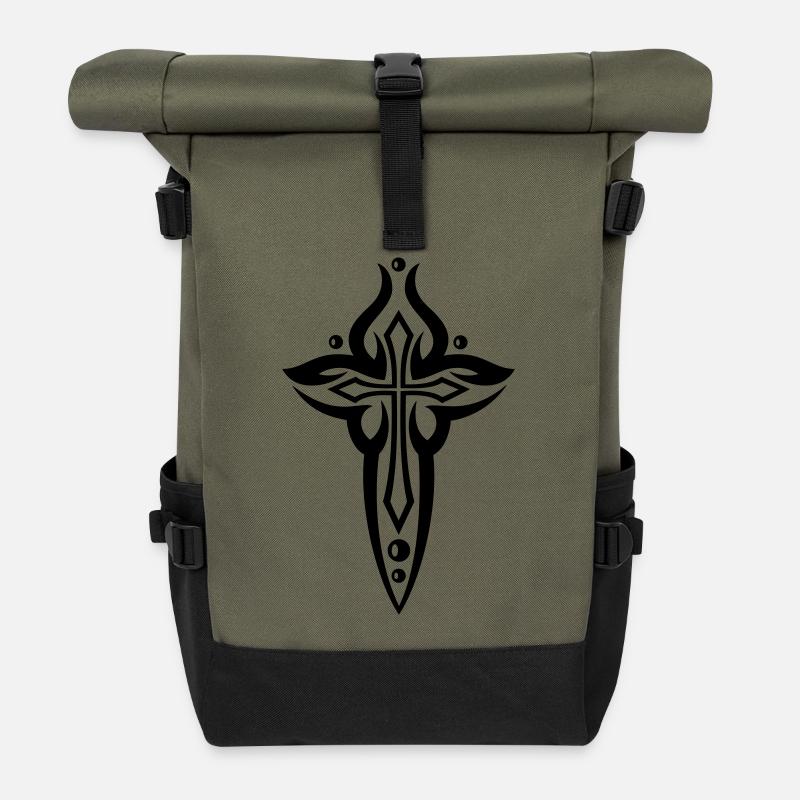Großes Kreuz mit kleinem Kreuz und Perlen - Rolltop Rucksack - Olive/Schwarz