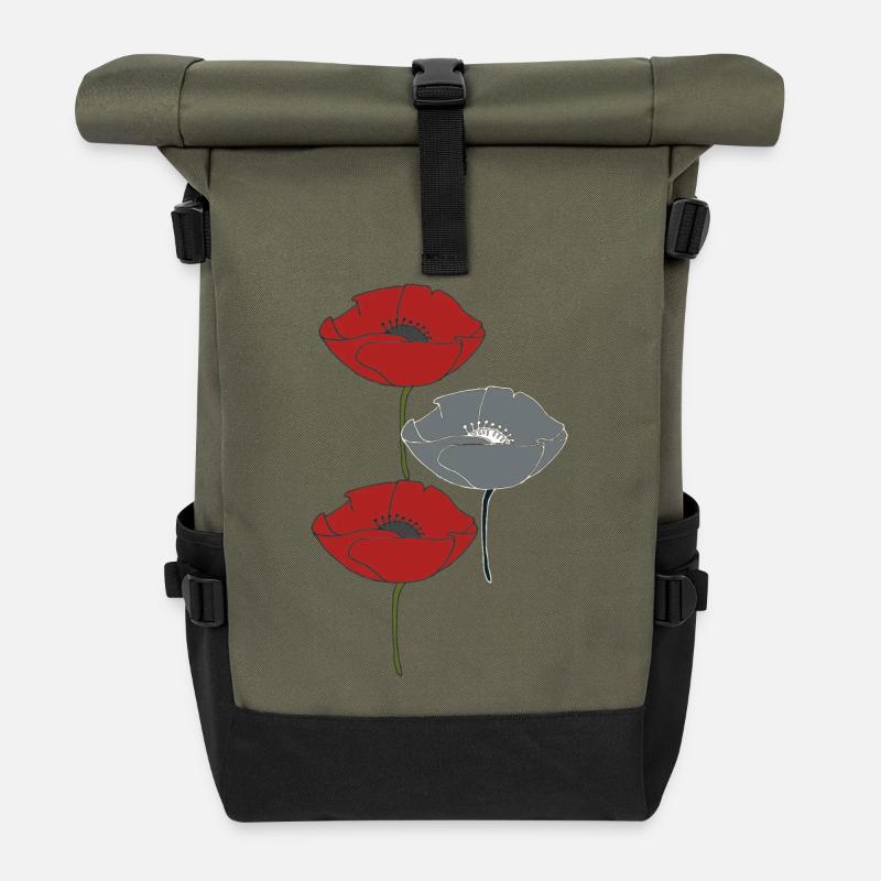 mohnblumen und grau - Rolltop Rucksack - Olive/Schwarz