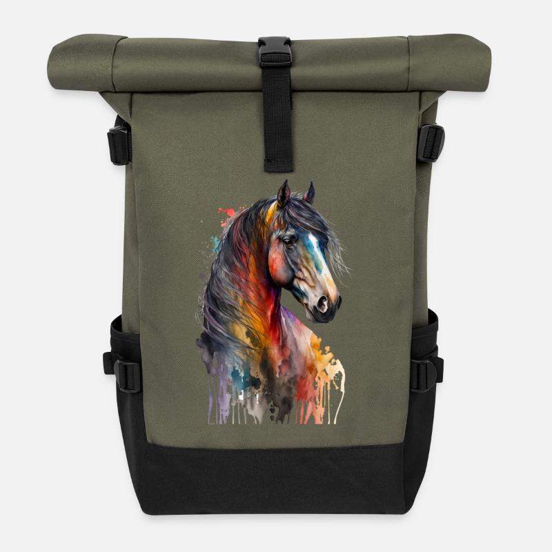 Amoureux des chevaux multicolores | Conception du cheval - Sac à dos roll top - olive/noir