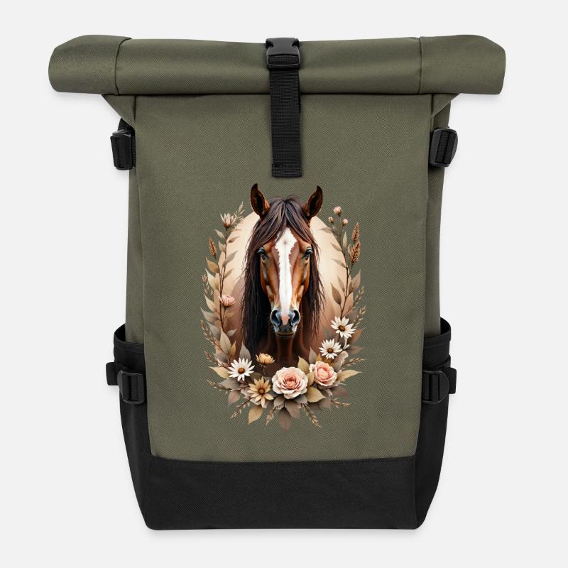 Elegantes Pferdeportrait mit Blumen - Rolltop Rucksack - Olive/Schwarz