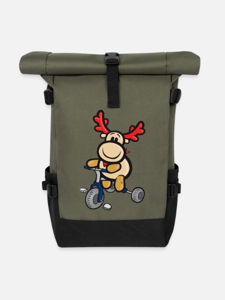 Lachendes Comic-Rentier fährt Dreirad - Rolltop Rucksack - Olive/Schwarz